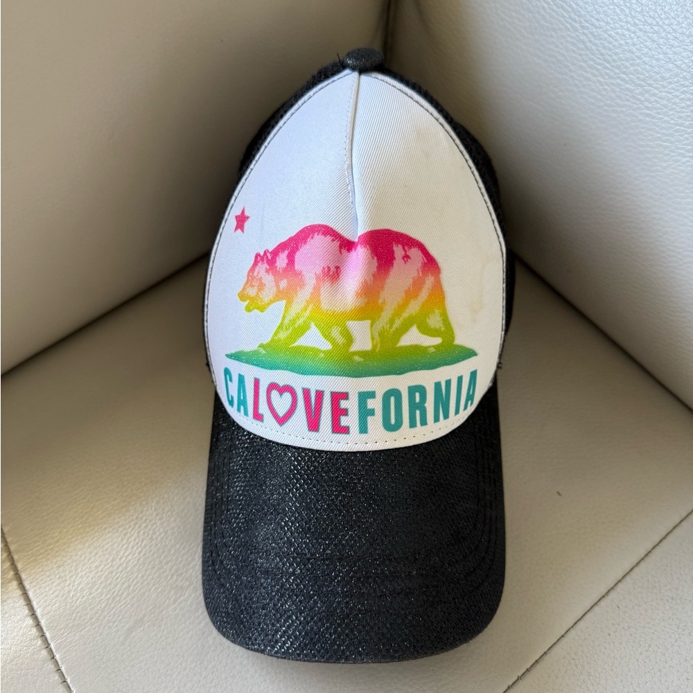 Claire's Black & White Trucker Hat with Pink-Green Gradient Bear